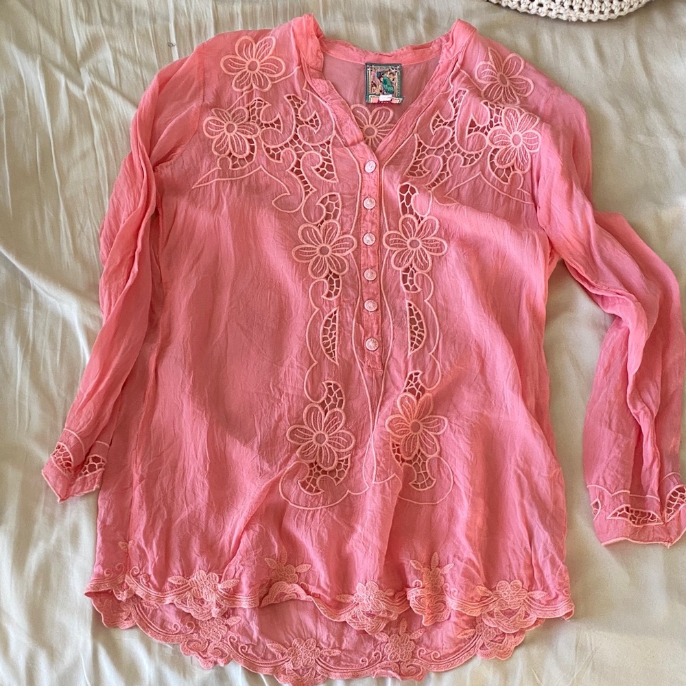 Johnny Was Coral Embroidered Blouse